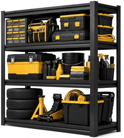 Garage Shelving, 2400 LBS Heavy Duty Metal Storage Shelves, 4-Tier Adjustable Storage Rack for Garage, Warehouse, Basement, 14" Wx 11.8" Dx 44.1" H