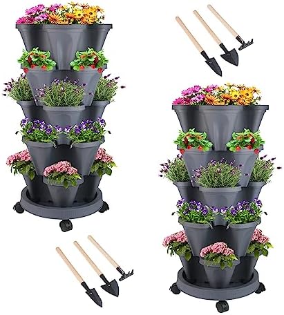 DUNCHATY Stackable Planter, Vertical Garden Planter with Wheels and Garden Tools, Strawberry Planter Indoor/Outdoor 5 Tier Herb Planter Pots for Growing Vegetables and Succulents,Dark Gray