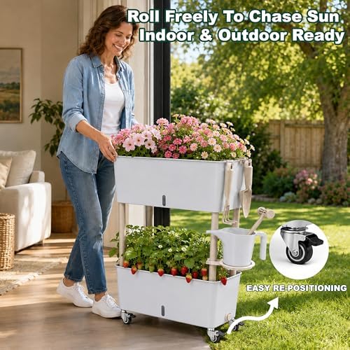 2-Tier 27.8"H Rolling Raised Garden Bed with Wheels, Self Watering Planter Box with Visible Water Level, Gray Rustproof Plastic Herb & Strawberry Planter for Indoor Outdoor Vegetables Flowers, DIY Kit