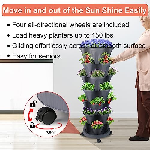 DUNCHATY Stackable Planter, Vertical Garden Planter with Wheels and Tools, Self Watering Strawberry Planter Indoor/Outdoor 7 Tier Herb Planter Pots for Growing Vegetables and Succulents, Dark Gray