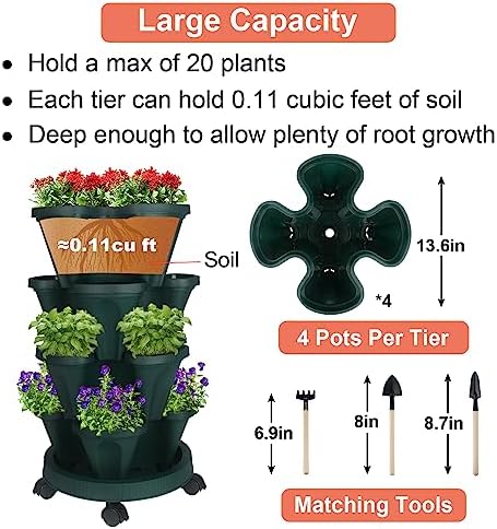 GameXcel Vertical Planter Tower - 4 Tier Stackable Garden Planters with Wheels and Tools Plant Pots for Strawberry Herb Flower and Vegetable Indoor Outdoor Use Green 2 Pack