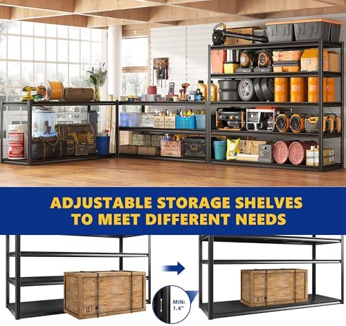 REIBII Garage Shelving 48.2" W Storage Shelves 3000LBS Metal Shelving Heavy Duty Adjustable Metal Shelf 5 Tier Pantry Shelves for Basement Warehouse Supermarket 72.2" H x 24.2" D x 48.2" W, 4 Pac