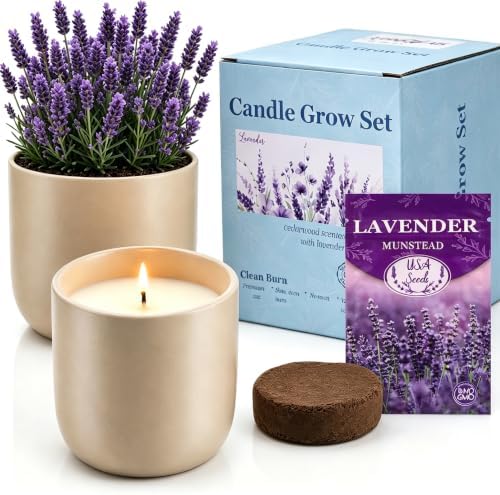Cedar Scented Candle Planter, Lavender Seeds with Coco Coir, The Growing Candle 100% Soy Wax, Aromatherapy Candle, Ceramic Pot Home Decor Gift, Unique Gardening Gifts for Women Mom Plant Lover