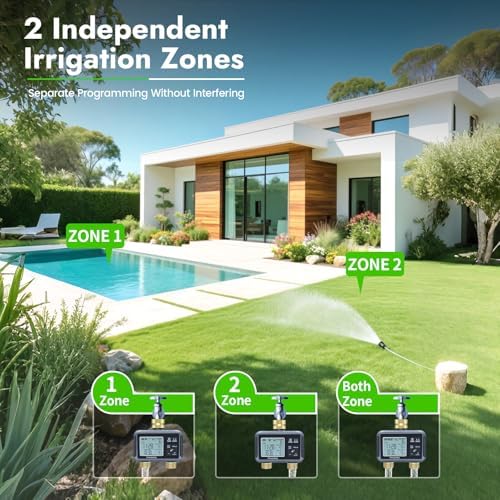 Insoma Water Timer with Brass Inlet, 2 Independent Zones Outdoor Hose Timer for Garden Faucet with Auto/Manual/Rain Delay Mode, Sprinkler Irrigation Timers for Yard Lawn