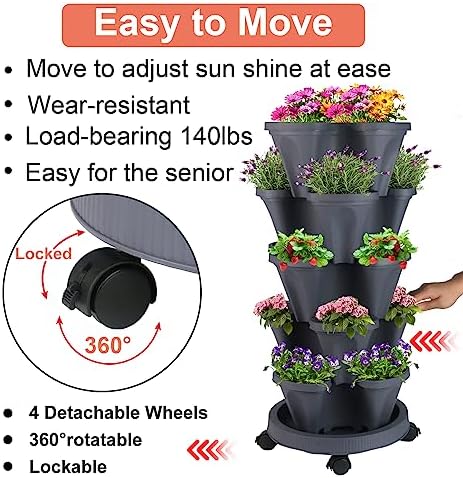 GameXcel Vertical Planter Tower - 5 Tier Stackable Garden Planters with Wheels and Tools Plant Pots for Strawberry Herb Flower and Vegetable Indoor Outdoor Use Dark Gray