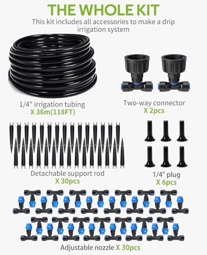 HIRALIY 118FT Drip Irrigation Kit, Quick-Connect Garden Watering System