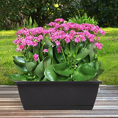 8pcs Window Box Planter,17 Inches Flower Window Boxes,Rectangle Planters Box with Drainage Holes and Trays, Plastic Vegetable Planters for Windowsill Patio Garden Home Decor Porch Yard (Black)