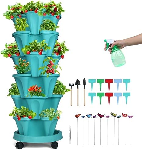 GameXcel Vertical Planter Tower - 6 Tier Stackable Garden Planters with Wheels and Garden Tool Set Plant Pots for Strawberry Herb Flower and Vegetable Indoor Outdoor Use Teal