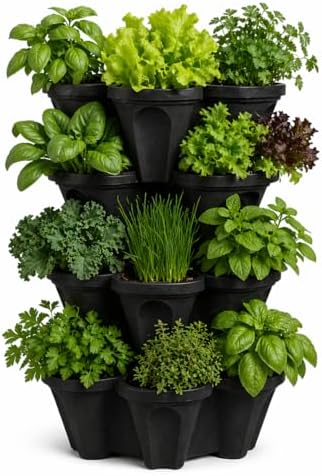 Vertical Garden Planter 4 Tier Stackable System 16 Plants, Space Saving Herb, Strawberry & Food Crop Planter with Center Support Hole for Indoor Outdoor Gardening (4, Midnight Black, Small)