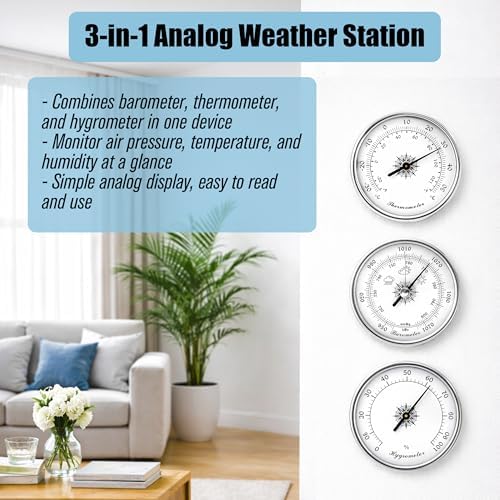 Analog Weather Station Barometer 3-in-1 Set, Silver Dial Type Traditional Barometers Hygrometer Thermometer, -30–50°C, Air Pressure Temperature Humidity Gauge 950 to 1070hPa, No Batteries Required