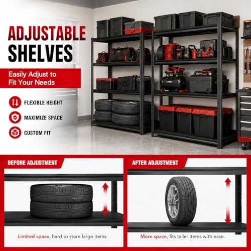 Garage Shelving, 2400 LBS Heavy Duty Metal Storage Shelves, 4-Tier Adjustable Storage Rack for Garage, Warehouse, Basement, 13.8" Wx 11.8" Dx 44.1" H
