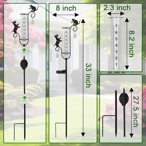 33" Solar Garden Rain Gauge - 7" Glass Tube for Outdoor Indoor Use, Patio Yard Decor Statue,Metal Dog & Cat Rain Gauge.