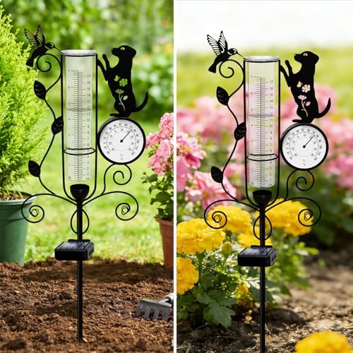 YJFWAL Metal Dog Solar Rain Gauge Outdoor with LED Light and Thermometer