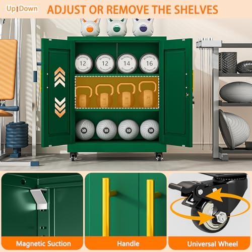 Small Metal Storage Cabinet with Wheels, Lockable Tool Cabinet with Doors