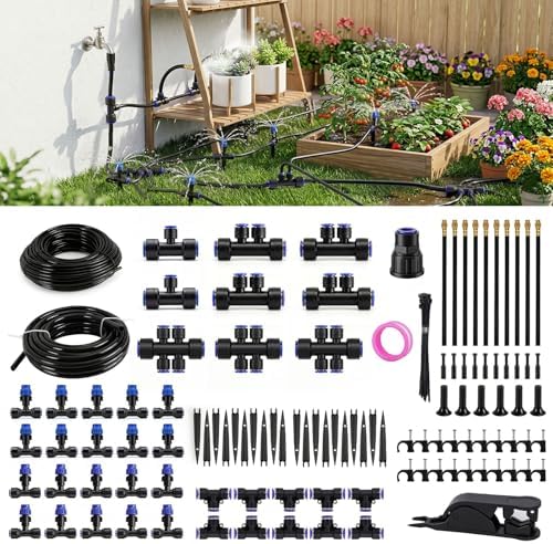 Drip Irrigation System 130FT with 10 Bendable Nozzles, 10 Misting Emitters, 10 8-Outlet Drip Emitters, 1/2 & 1/4 Inch Hoses – Garden Watering & Misting Kit for Yard, Lawn, Greenhouse
