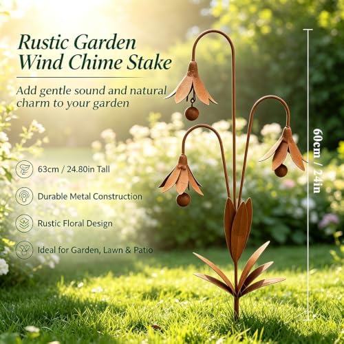 Triple Bluebells Garden Stake with Bell, Durable Metal Flower Outdoor Yard