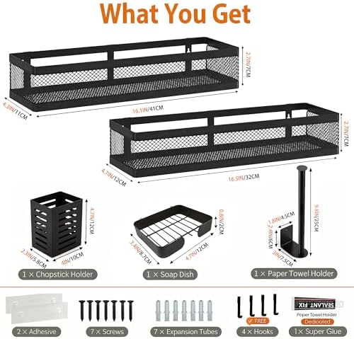 PUSDON 5-in-1 16.5" Extra Long Slim Wall Mount Wrapped Mesh Kitchen Organizer & Shower Caddy Kit, with Paper Towel Holder, Utensil Holder, Soap Dish, Holds 50LBS - Matte Black, Netting