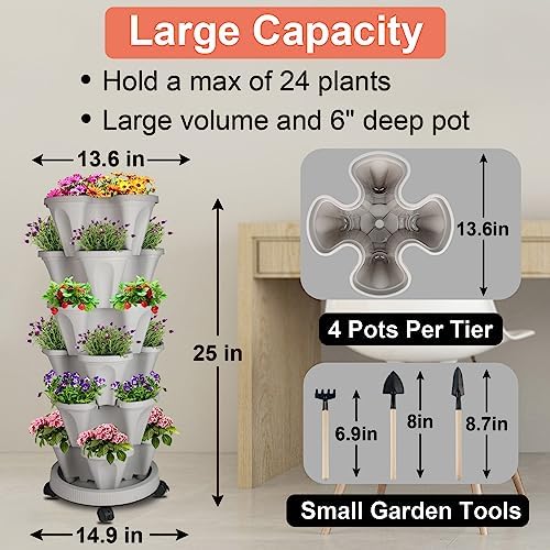GameXcel Vertical Planter Tower - 6 Tier Stackable Garden Planters with Wheels and Tools Plant Pots for Strawberry Herb Flower and Vegetable Indoor Outdoor Use Gray