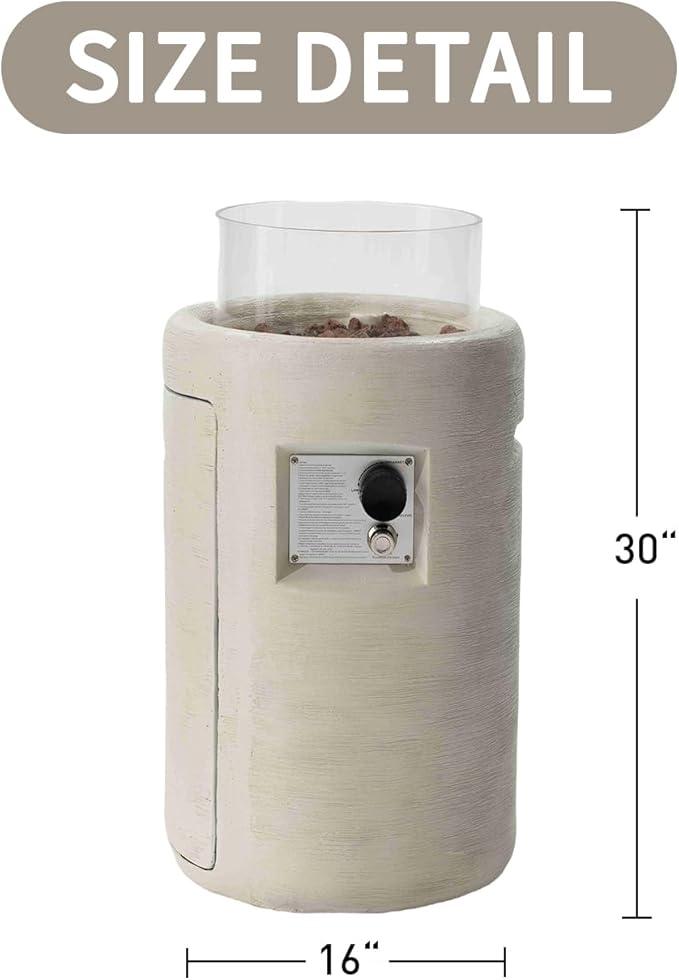 SUNBURY Outdoor Propane Fire Pit, Stone Like Fire Pit Table with Glass Wind Guard, Waterproof Cover, 40000BTUS Small Column Firepit Garden Lighting (Creamy White)