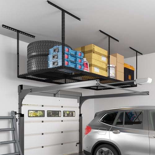 FLEXIMOUNTS 4x8 Overhead Garage Ceiling Storage Rack Adjustable, Hammertone