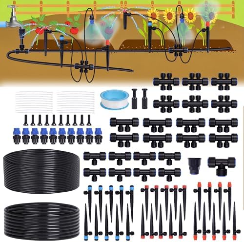 230FT Garden Irrigation System with 40 Nozzles & Emitters, Automatic Watering System with 1/2" & 1/4" Tube and Barbed Fittings, for Raised Beds, Greenhouse, Lawn