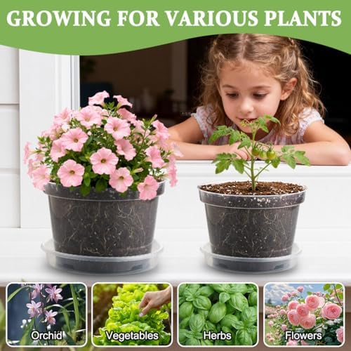 RooTrimmer 12 Pack 8 Inch Clear Plant Pots with Saucers, Transparent Plastic Nursery Pots with Drainage Hole, Sturdy Garden Planter Pots, Planting Starter Pots for Indoor Outdoor