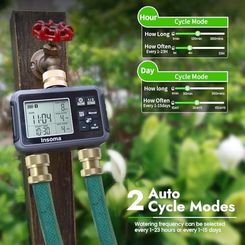 Insoma Water Timer with Brass Inlet, 2 Independent Zones Outdoor Hose Timer for Garden Faucet with Auto/Manual/Rain Delay Mode, Sprinkler Irrigation Timers for Yard Lawn
