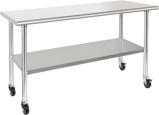 HARDURA Stainless Steel Table with Wheels 24 x 72 Inches Casters NSF Heavy Duty Commercial Work & Prep Table with Undershelf and Galvanized Legs for Restaurant Kitchen Bar and Hotel Garage