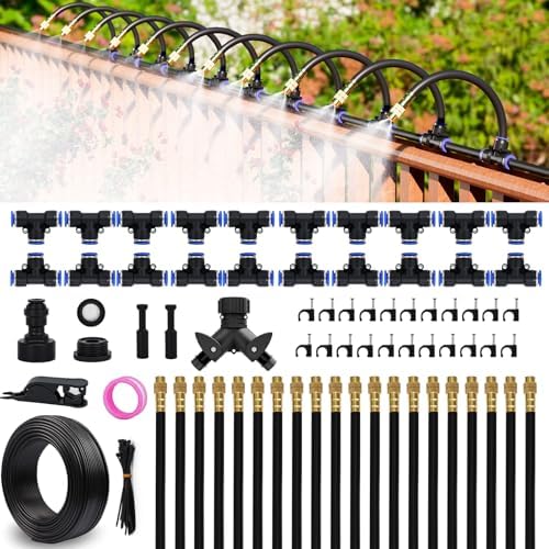 Drip Irrigation System 100 FT with 32 Nozzles, 360° Adjustable Bendable Garden Watering Misting System for Greenhouse, Yard, Lawn, Plant, Garden, 1/4 inch Hose (OD: 6mm)