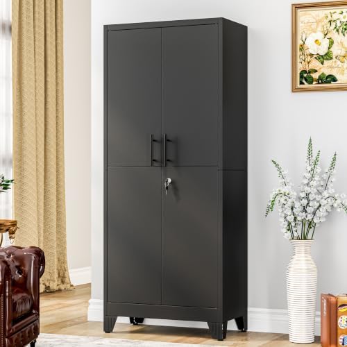 GAIOUS Tall Metal Storage Cabinet with Lock, 2 Doors Freestanding Steel Bookcase with Adjustable Shelves, Heavy Duty Lockable Office Filing Cabinet, Home Garage Utility Pantry Organizer Cabinet, Black