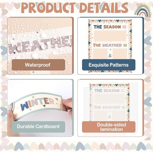 Boho Season and Weather Calendar Bulletin Board Season Calendar Posters with Weather Cards Hook and Loop Dots for Classroom Bulletin Board Wall Decor Preschool Kindergarten Student Teacher Supplies