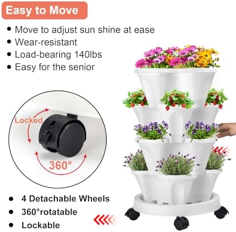 GameXcel Vertical Planter Tower - 4 Tier Stackable Garden Planters with Wheels and Tools Plant Pots for Strawberry Herb Flower and Vegetable Indoor Outdoor Use White