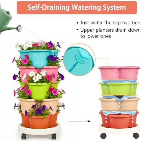 VECELO 5 Tier Vertical Garden Planter, Self Watering Stackable Planters with Wheels for Strawberries, Herbs, Flowers, Vegetables, Multicolor