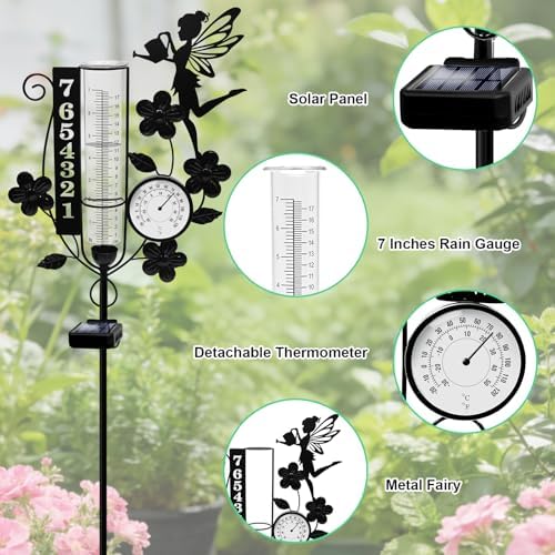 Metal Fairy Number Solar Rain Gauge Outdoor with LED Light and Thermometer