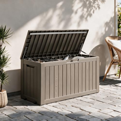 92 Gal Deck Box,Waterproof Resin Outdoor Storage Gas Lift,Lockable Grey