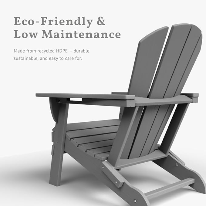 Folding Adirondack Chairs with Cup Holders, Set of 6 HDPE Plastic Outdoor Chairs, Weather Resistant, Real Wood Look, Heavy-Duty Patio Furniture for Deck, Fire Pit, Backyard, Gray