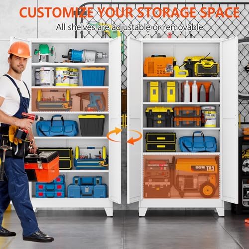 GAIOUS 75'' Tall Metal Garage Storage Cabinet,File Cabinet with 2 Doors and 5 Adjustable Shelves, Outdoor Steel Tool Cabinet for Home,Office,Warehouse,Garage,White