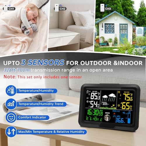 Digital Wireless Rain Gauge Outdoor, Home Weather Station Wireless Indoor Outdoor with Self-Emptying Rain Gauge, Thermometer, Barometer, Hygrometer, Atomic Clock, Weather Forecast and Alerts