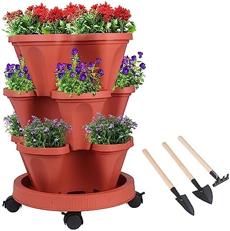 GameXcel Vertical Planter Tower - 3 Tier Stackable Garden Planters with Wheels and Tools Plant Pots for Strawberry Herb Flower and Vegetable Indoor Outdoor Use Red