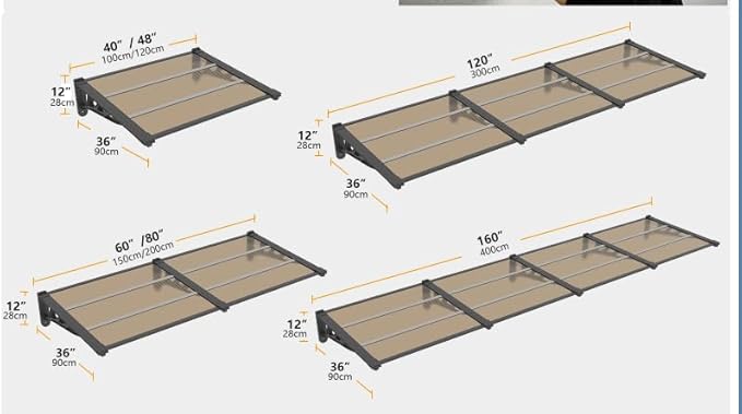 Door Awning Window Canopy, Modular Spliced Awnings for Outside,Porch,Patio,Deck,Polycarbonate Sheet,UV, Rain, and Snow Protection (Brown Board & Black Bracket, 35'’*120'’)