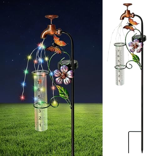 Decorative Rain Gauge Garden Stake with Butterfly and Flower Design, Copper Faucet Style, Metal Garden Decor