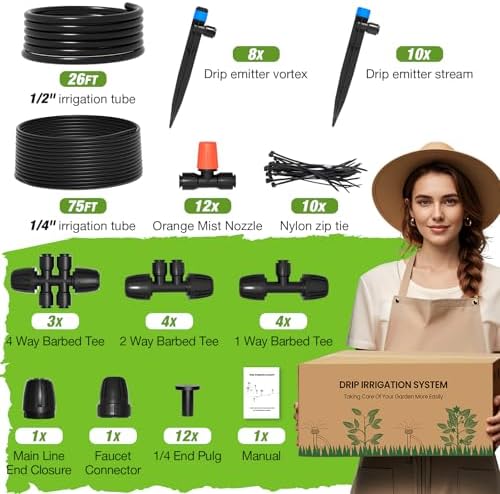 MIXC Greenhouse Micro Drip Irrigation Kit Automatic Irrigation System Patio Misting Plant Watering System with 1/4 inch 1/2 inch Irrigation Tubing Hose Adjustable Nozzle Emitters Barbed Fittings