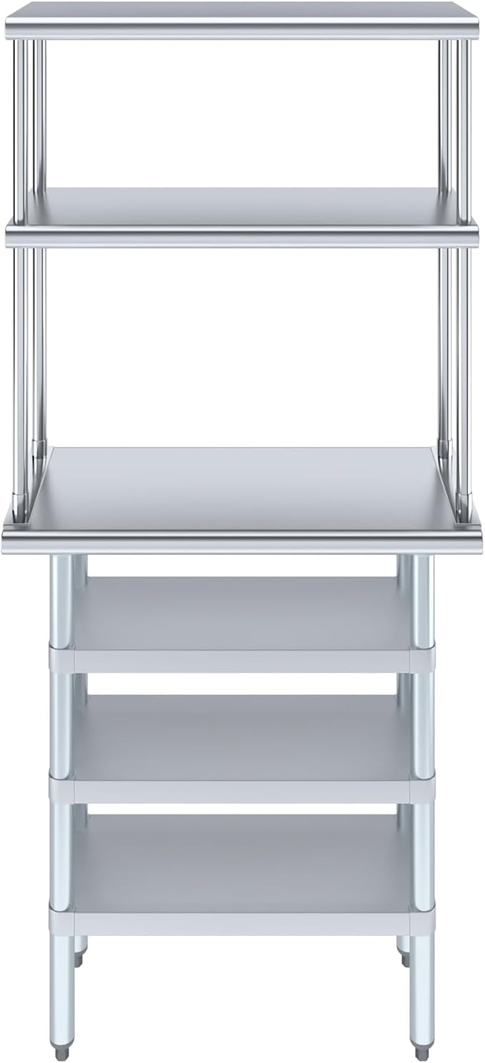 Amgood 14" x 30" Stainless Steel Work Table with 3 Shelves and 12" Wide Double Tier Overshelf | Metal Kitchen Prep Table & Shelving Combo | NSF