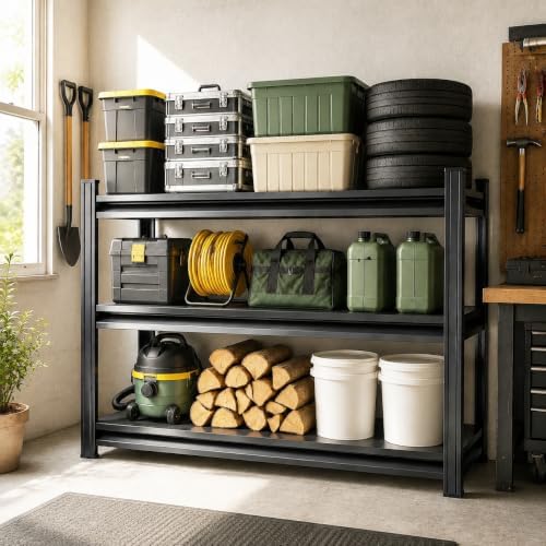 Garage Shelving Heavy Duty Shelving Unit, 1200 LBS 3-Tier Adjustable Boltless Storage Rack, Organizer for Garage Warehouse Kitchen Basement Workshop Household Supplies, 31.5"H x 35.4"W x 13.8"D, Black