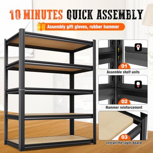 6 Pack Garage Shelving Heavy Duty Storage Shelves, Metal Adjustable Shelving Unit, Utility Garage Organizer Shelf for Basement, Pantry, Kitchen, Warehouse, 78" Hx45.6 Wx19.7 D, Black