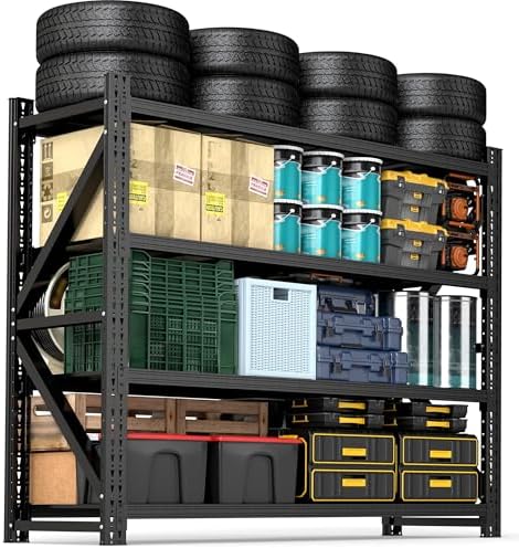 4 Tier Heavy Duty Garage Shelving,Industrial Shelving Built for Maximum Weight,Garage Storage Racks Heavy Duty Steel Shelves,Large Capacity Metal Rack for Warehouse,Shop,Basement