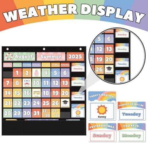 All-in-One Calendar Weather Pocket Chart - Interactive Preschool Learning Board for Morning Meeting Circle Time, with Seasons Months Days Weather Cards (Homeschool/Daycare)