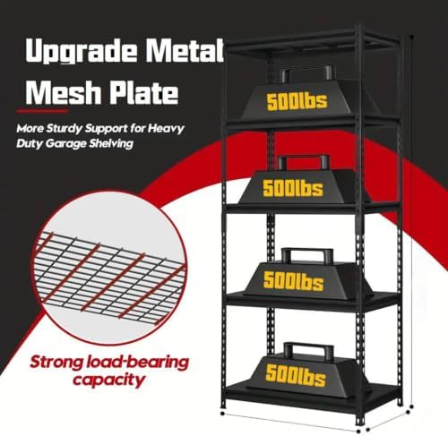 5-Tier Heavy Duty Garage Shelving, 2,000 lbs Capacity Adjustable Metal Storage Shelving Unit for Garage, Basement, Pantry & Utility Room, 28" W x 12" D x 60" H