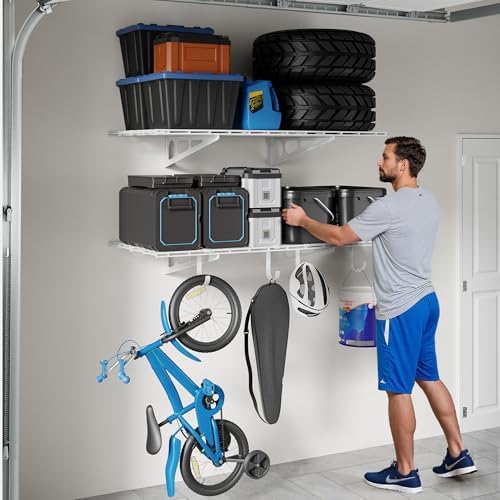 FLEXIMOUNTS 2-Pack 2x4ft Garage Shelving with Hooks, 600lbs Load, White