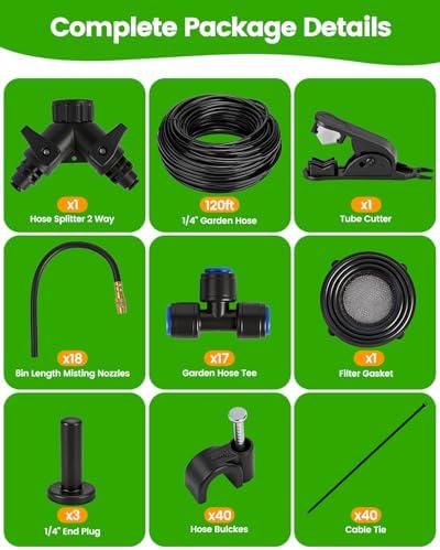 120FT Drip Irrigation System for Garden with 18 Nozzles –360° Adjustable Misting Nozzles, Quick-Connect Design, Ideal for Raised Beds, Lawns, Greenhouses & Outdoor Cooling